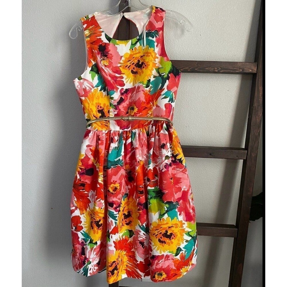 Eliza J Print Faille Fit Flare Dress Cutout Back Bright Floral Orange sz 4